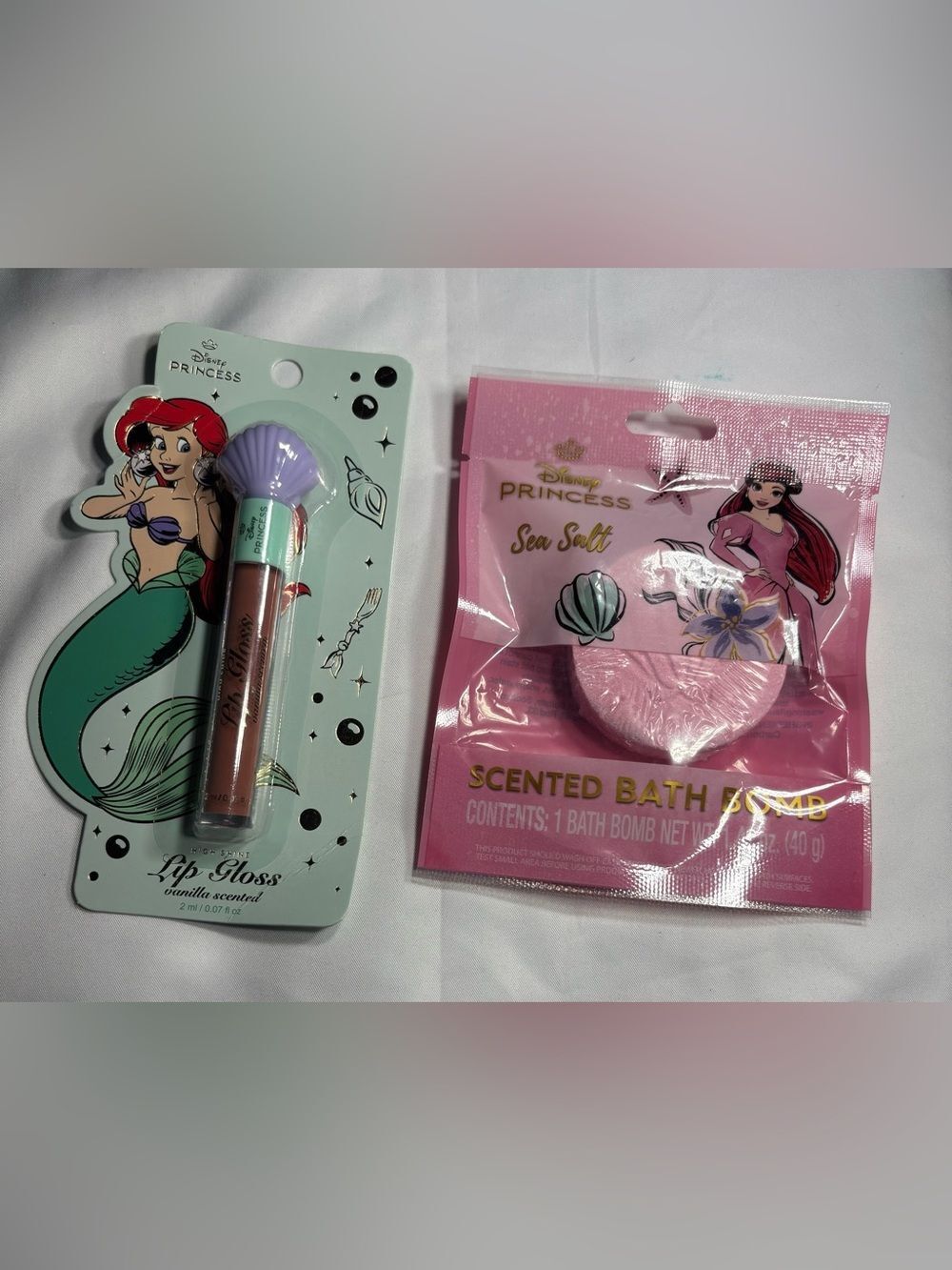 2 New Disney Princess Ariel Sea Salt Scented Bath Bomb & Lip Gloss Set